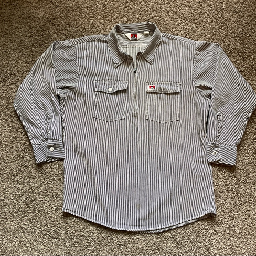 Vintage Ben Davis Hickory Stripe Work Shirt Long Sleeve 1/2 Zip Up Sz Large USA - Picture 1 of 16